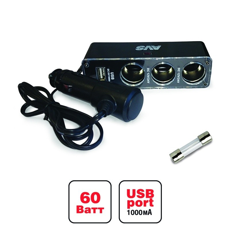 Разветвитель в прикуриватель 3 выхода  USB черный AVS CS313U